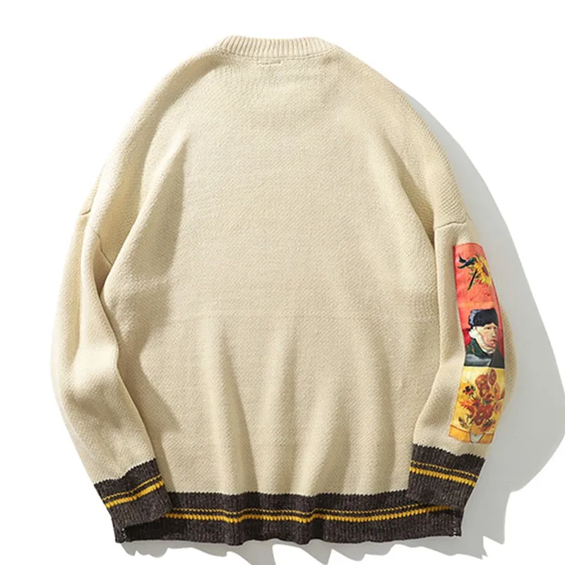 Advbridge Men Sweater Pullover Pull Van Gogh Painting Embroidery Knitted Sweater Vintage Harajuku Fashion Brand Y2K Pullovers