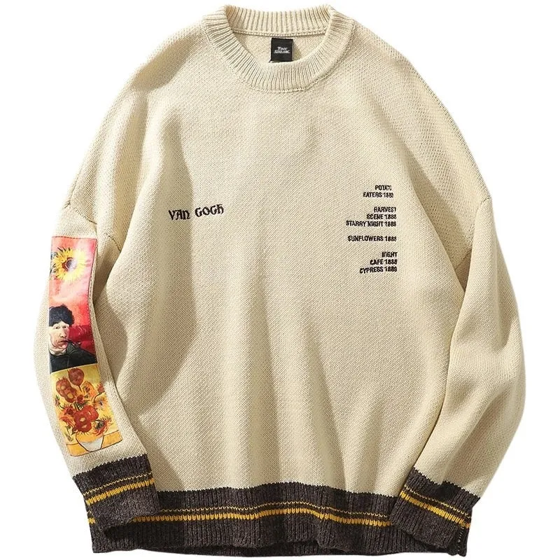 Advbridge Men Sweater Pullover Pull Van Gogh Painting Embroidery Knitted Sweater Vintage Harajuku Fashion Brand Y2K Pullovers