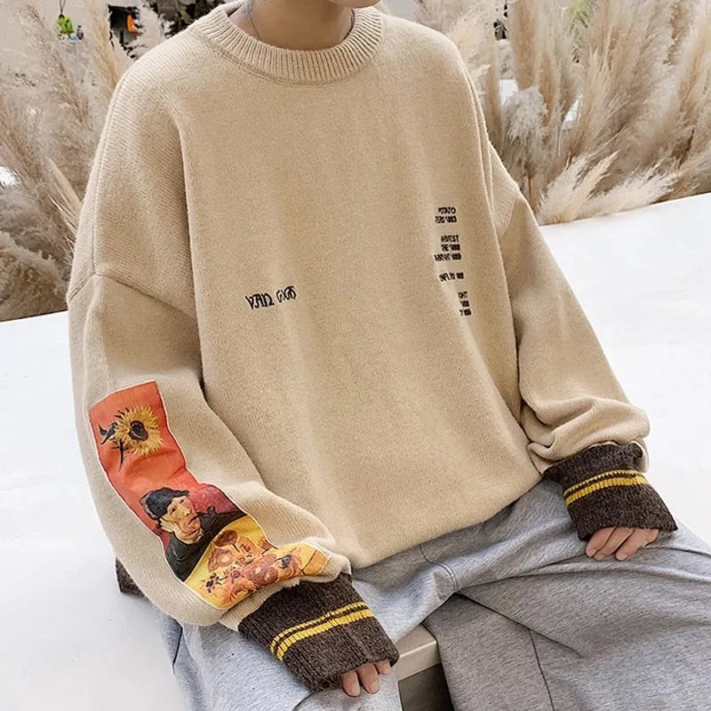Advbridge Men Sweater Pullover Pull Van Gogh Painting Embroidery Knitted Sweater Vintage Harajuku Fashion Brand Y2K Pullovers