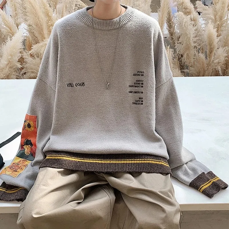 Advbridge Men Sweater Pullover Pull Van Gogh Painting Embroidery Knitted Sweater Vintage Harajuku Fashion Brand Y2K Pullovers