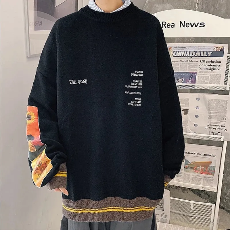 Advbridge Men Sweater Pullover Pull Van Gogh Painting Embroidery Knitted Sweater Vintage Harajuku Fashion Brand Y2K Pullovers