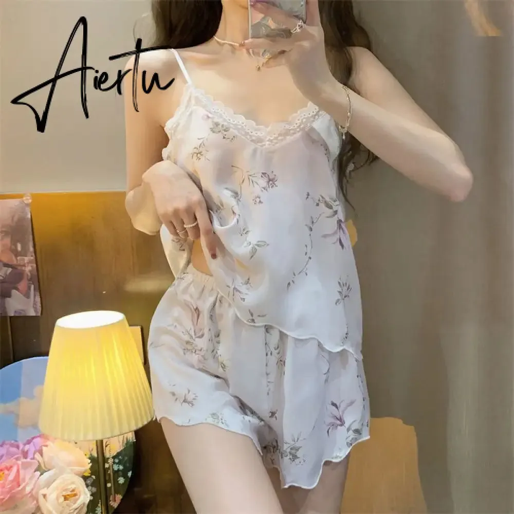 Aiertu Pajama Sets Women Chic Breathable Summer Fashion Sleepwear Female Sleeveless Causal Homewear Korean Style Daily College Print