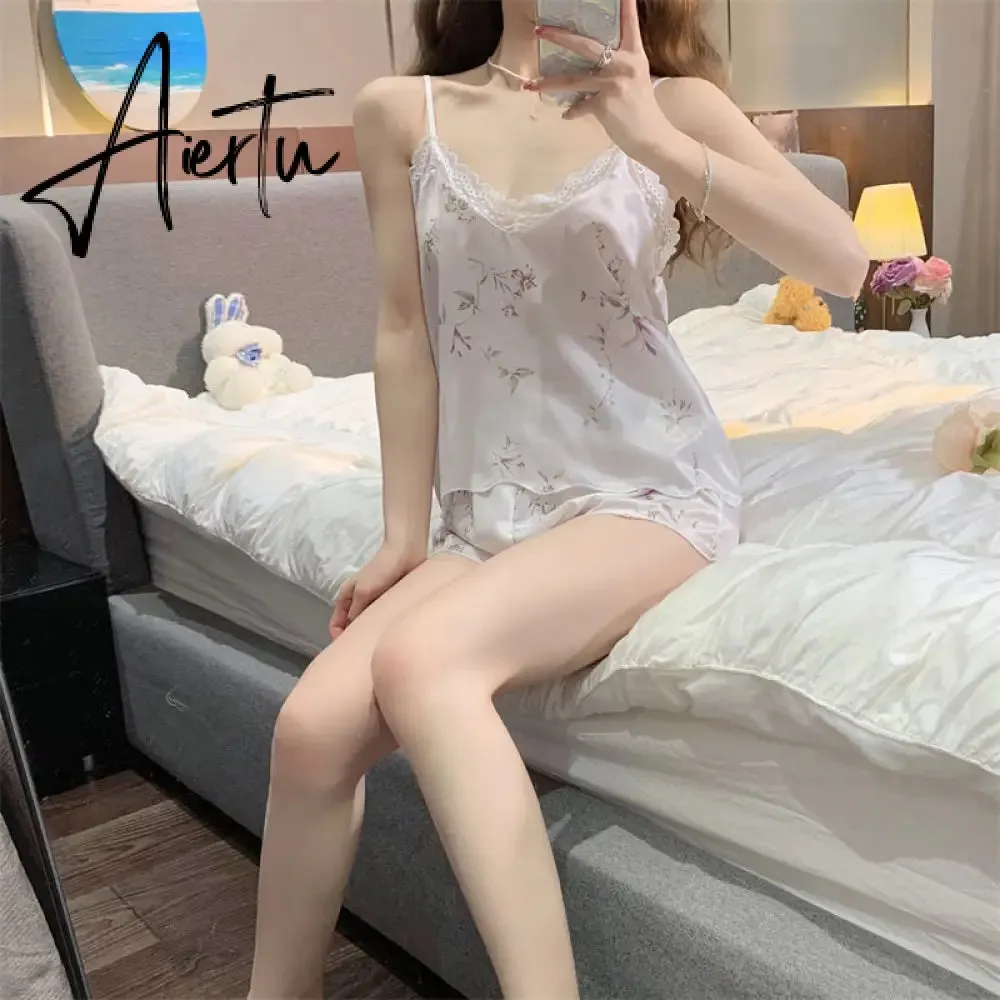 Aiertu Pajama Sets Women Chic Breathable Summer Fashion Sleepwear Female Sleeveless Causal Homewear Korean Style Daily College Print