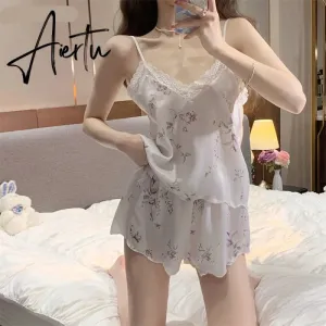 Aiertu Pajama Sets Women Chic Breathable Summer Fashion Sleepwear Female Sleeveless Causal Homewear Korean Style Daily College Print