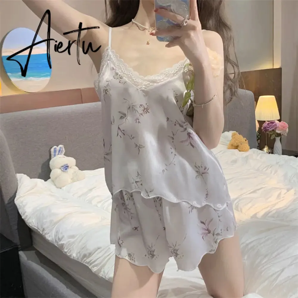 Aiertu Pajama Sets Women Chic Breathable Summer Fashion Sleepwear Female Sleeveless Causal Homewear Korean Style Daily College Print