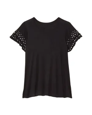 Amber Embellished Ruffle Sleeve Top | Black / Silver