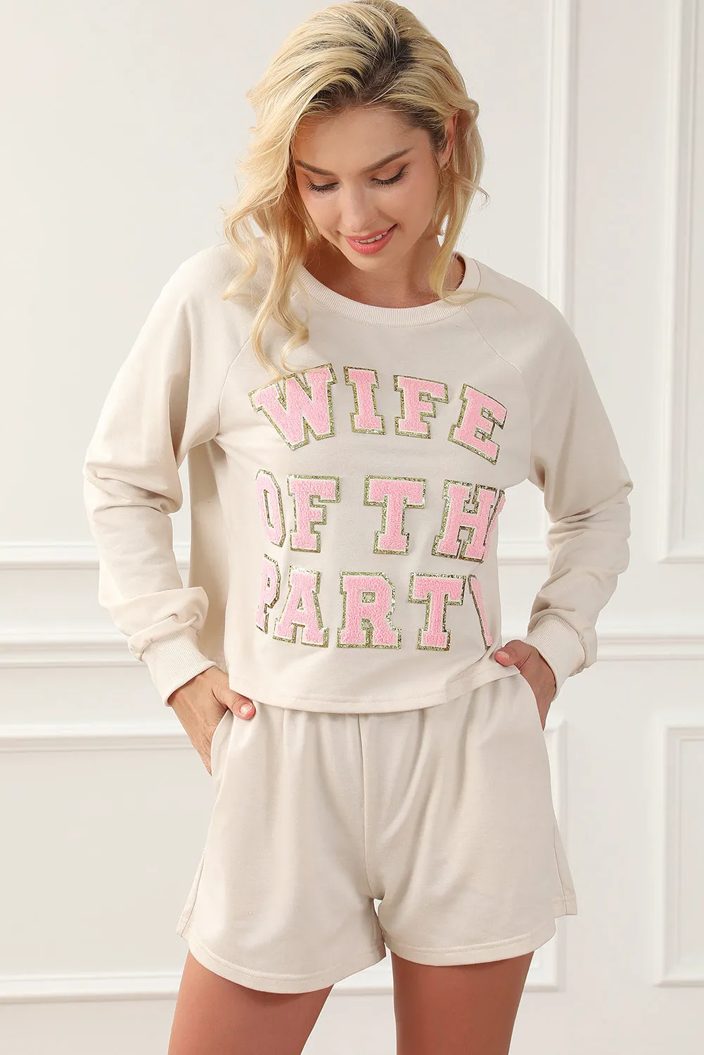 Beige Bold Letter Print Comfy Lounge Outfit
