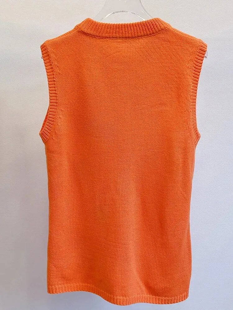 Casual Knitting Vests For Women Round Neck Sleeveless Patchwork Appliques Vintage Temperament Tank Tops Female
