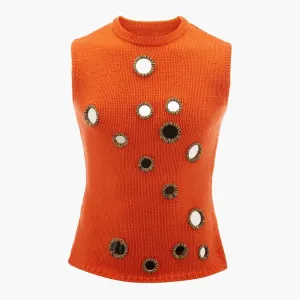 Casual Knitting Vests For Women Round Neck Sleeveless Patchwork Appliques Vintage Temperament Tank Tops Female