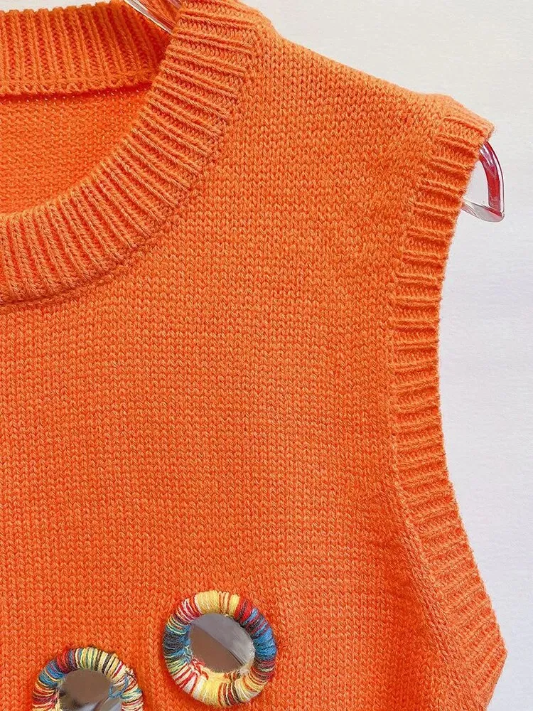 Casual Knitting Vests For Women Round Neck Sleeveless Patchwork Appliques Vintage Temperament Tank Tops Female