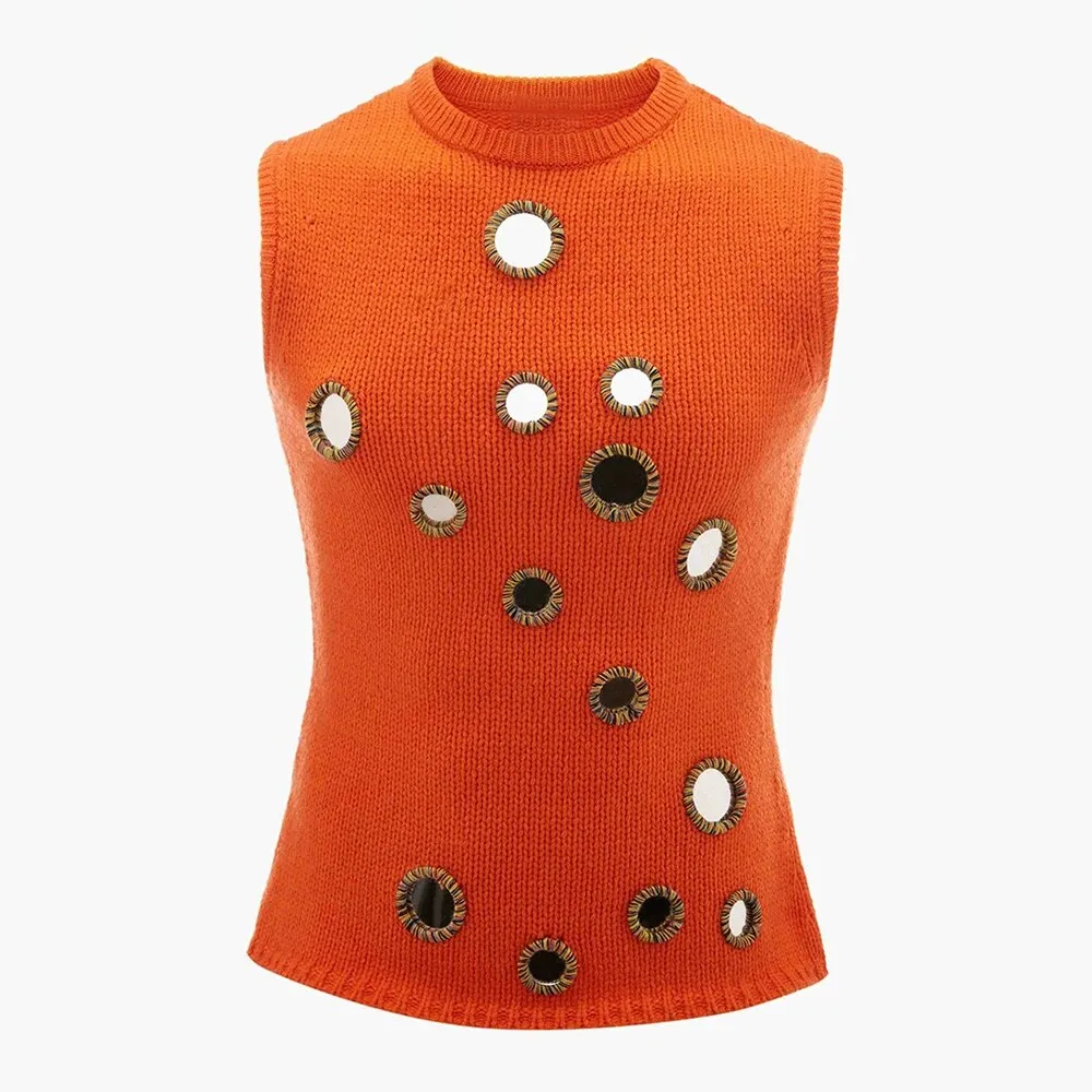 Casual Knitting Vests For Women Round Neck Sleeveless Patchwork Appliques Vintage Temperament Tank Tops Female