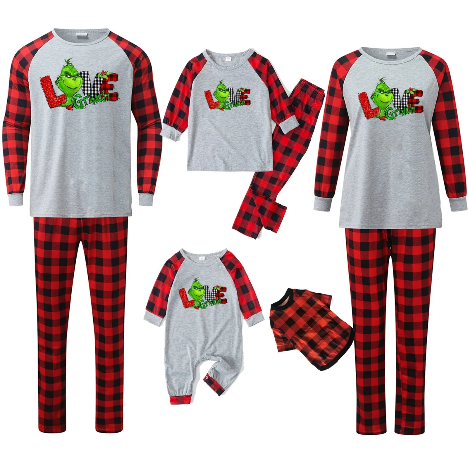 Christmas Plaid Family Pajama Set with Grinch Print
