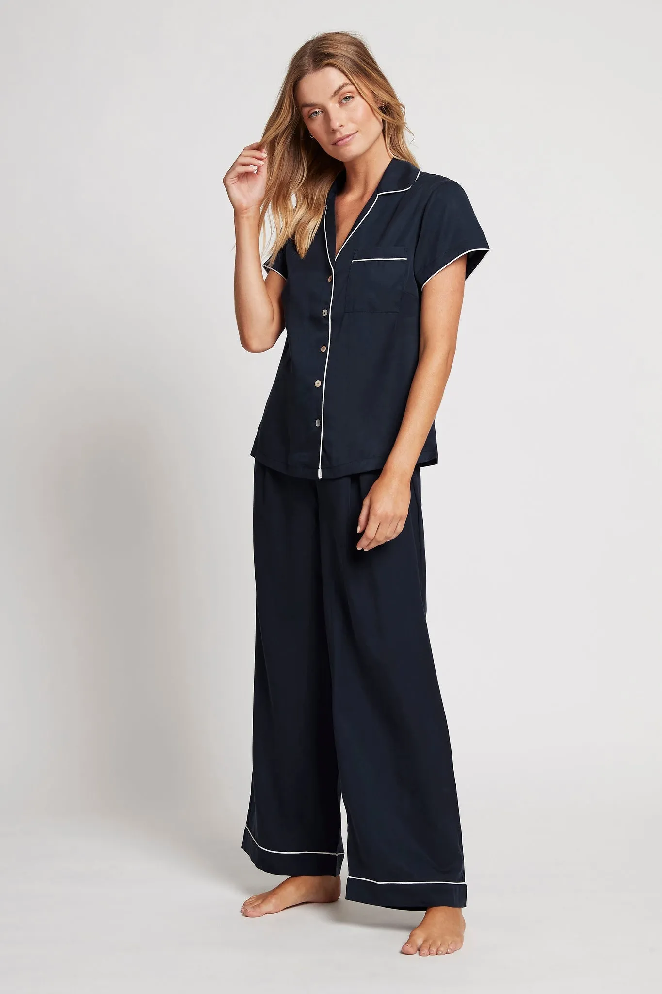 Eva Short Sleeve with Long Pant Tencel™ Pyjama Set - Navy with White Piping