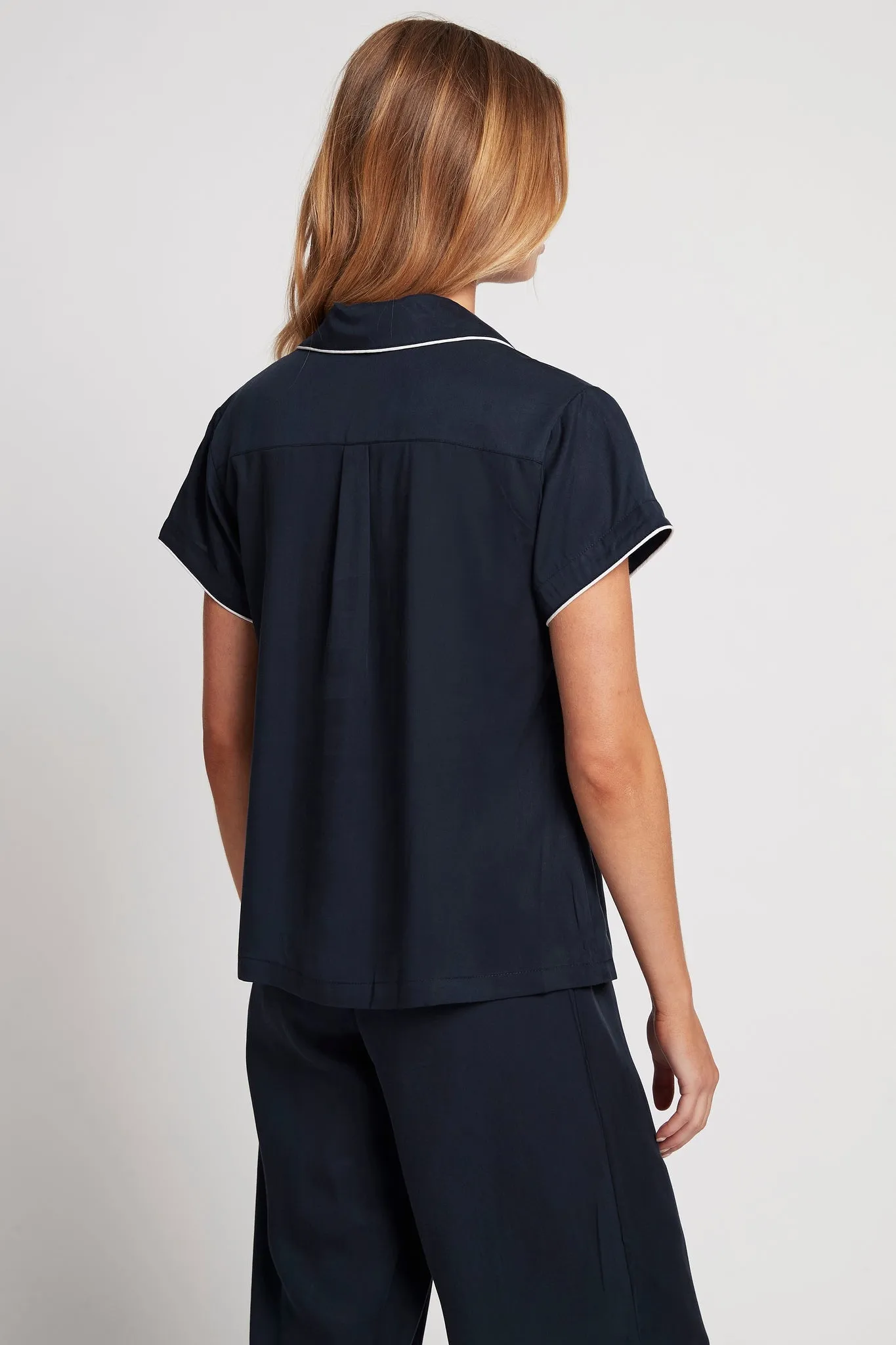 Eva Short Sleeve with Long Pant Tencel™ Pyjama Set - Navy with White Piping