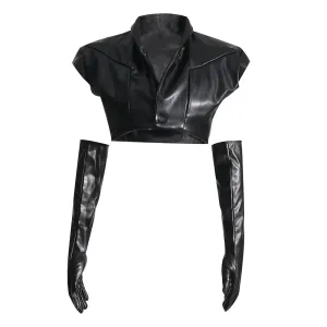 Fashion Y2k Black Vest For Women Lapel Sleeveless Solid Minimalsit PU Leather Vests With Long Sleeve Gloves Female
