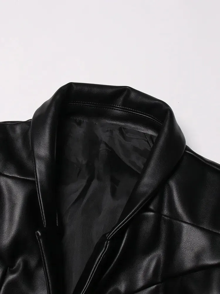 Fashion Y2k Black Vest For Women Lapel Sleeveless Solid Minimalsit PU Leather Vests With Long Sleeve Gloves Female
