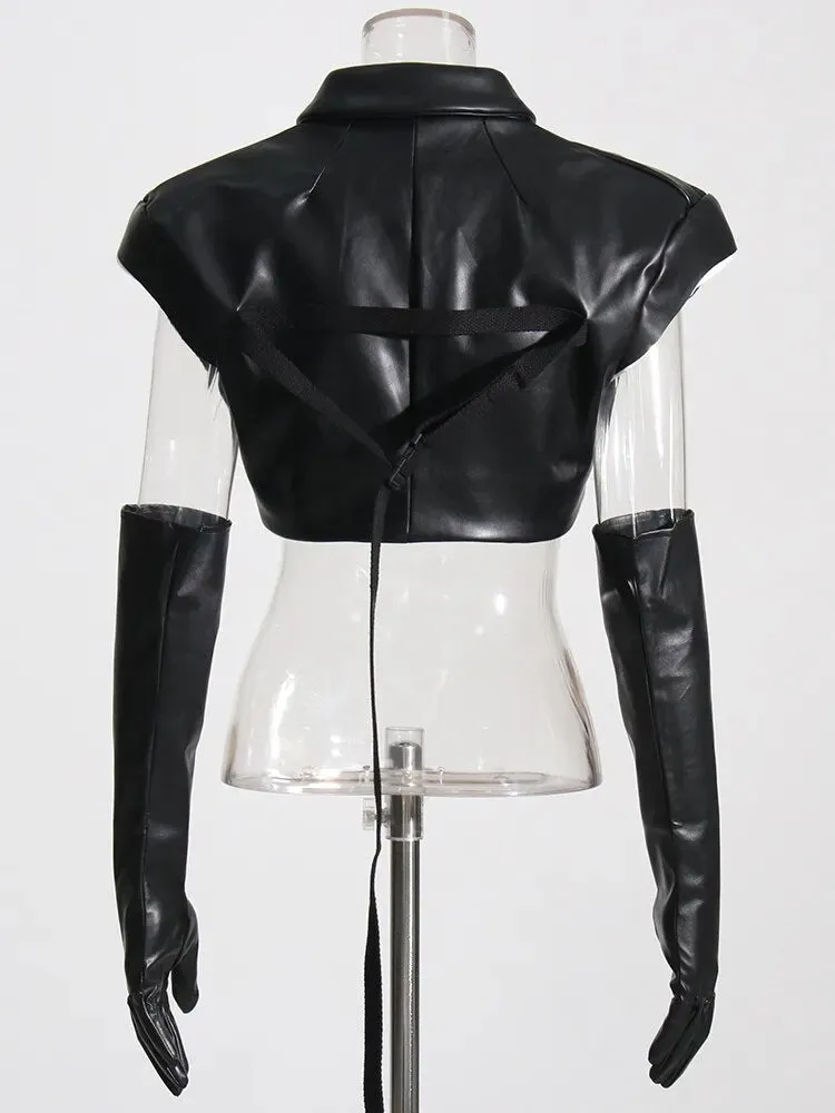 Fashion Y2k Black Vest For Women Lapel Sleeveless Solid Minimalsit PU Leather Vests With Long Sleeve Gloves Female