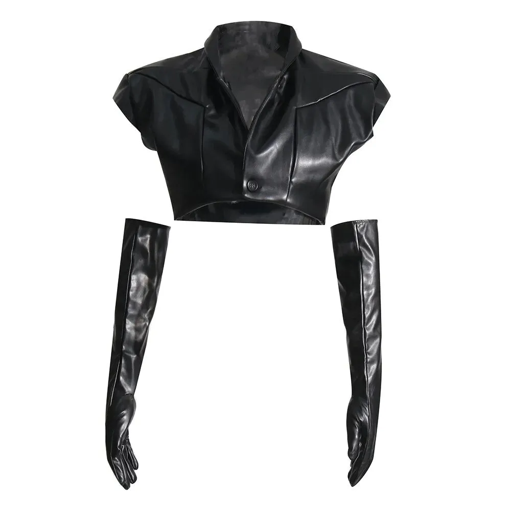 Fashion Y2k Black Vest For Women Lapel Sleeveless Solid Minimalsit PU Leather Vests With Long Sleeve Gloves Female