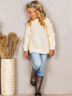 Girls Buttoned Pom Pom Accent Cardigan