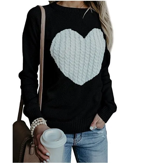 Heart Pattern Printed Long Sleeve Tops O-Neck Lovely Pullovers Knitted Loose Sweaters