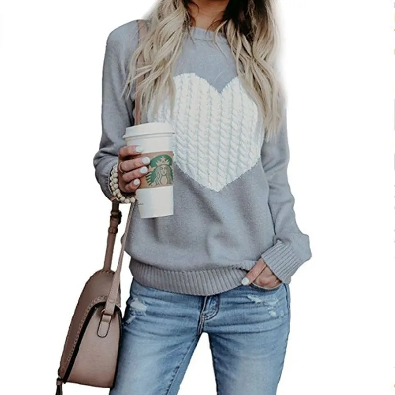 Heart Pattern Printed Long Sleeve Tops O-Neck Lovely Pullovers Knitted Loose Sweaters
