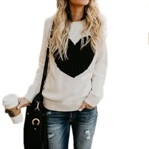Heart Pattern Printed Long Sleeve Tops O-Neck Lovely Pullovers Knitted Loose Sweaters