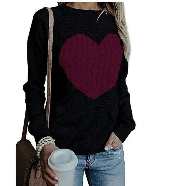 Heart Pattern Printed Long Sleeve Tops O-Neck Lovely Pullovers Knitted Loose Sweaters