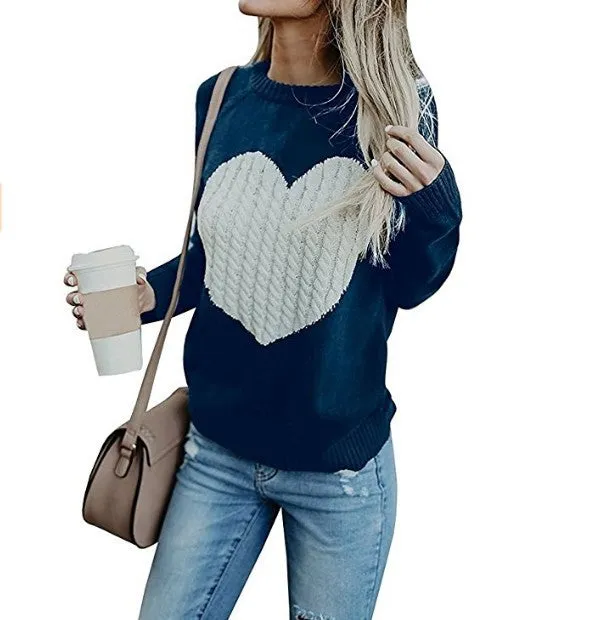 Heart Pattern Printed Long Sleeve Tops O-Neck Lovely Pullovers Knitted Loose Sweaters