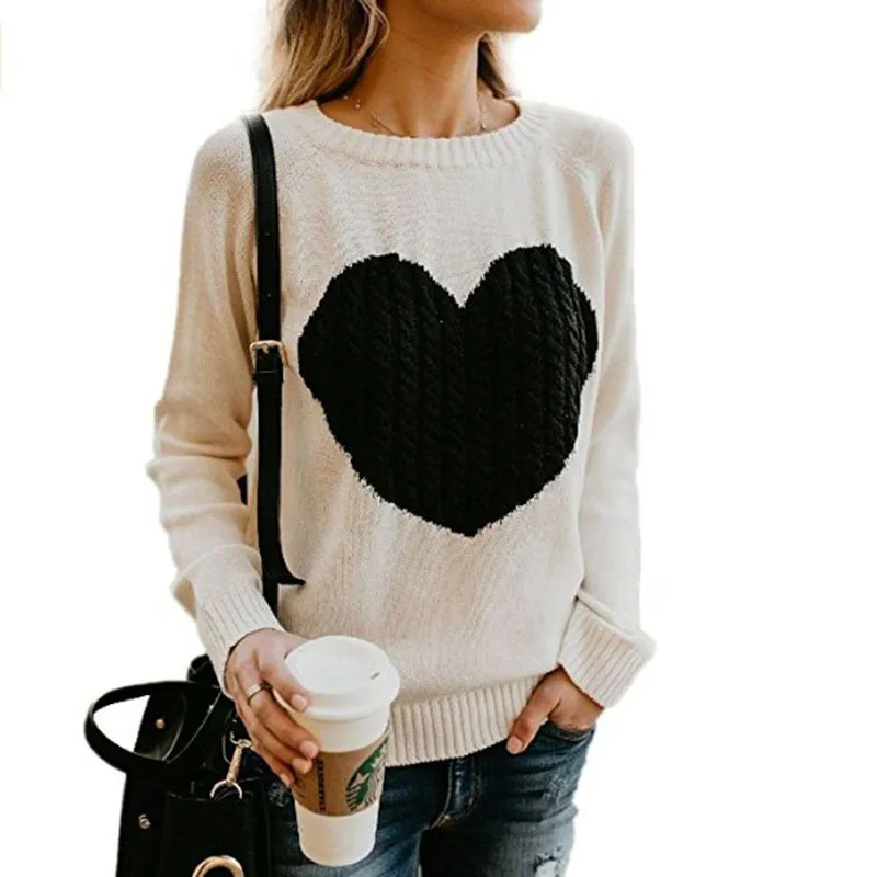 Heart Pattern Printed Long Sleeve Tops O-Neck Lovely Pullovers Knitted Loose Sweaters