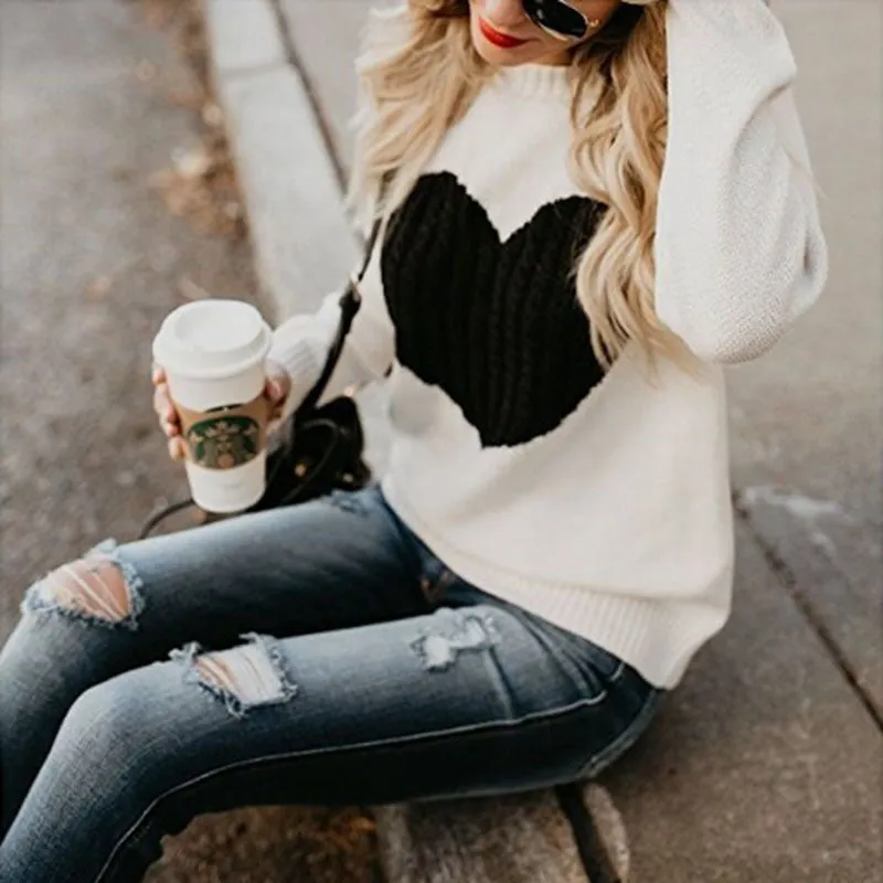 Heart Pattern Printed Long Sleeve Tops O-Neck Lovely Pullovers Knitted Loose Sweaters