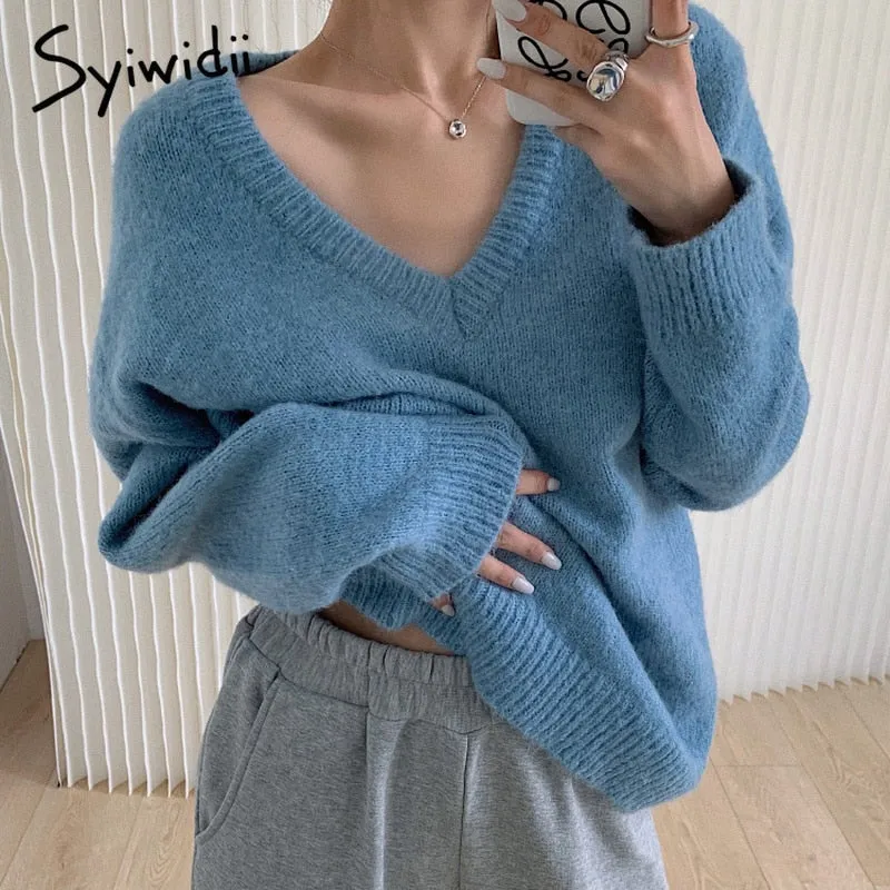 Joskaa Back to College Woman Sweaters Autumn Winter 2024 Korean New Pullovers Raglan Sleeve V Neck Knitted Tops Casual Loose Jumpers Gray Blue