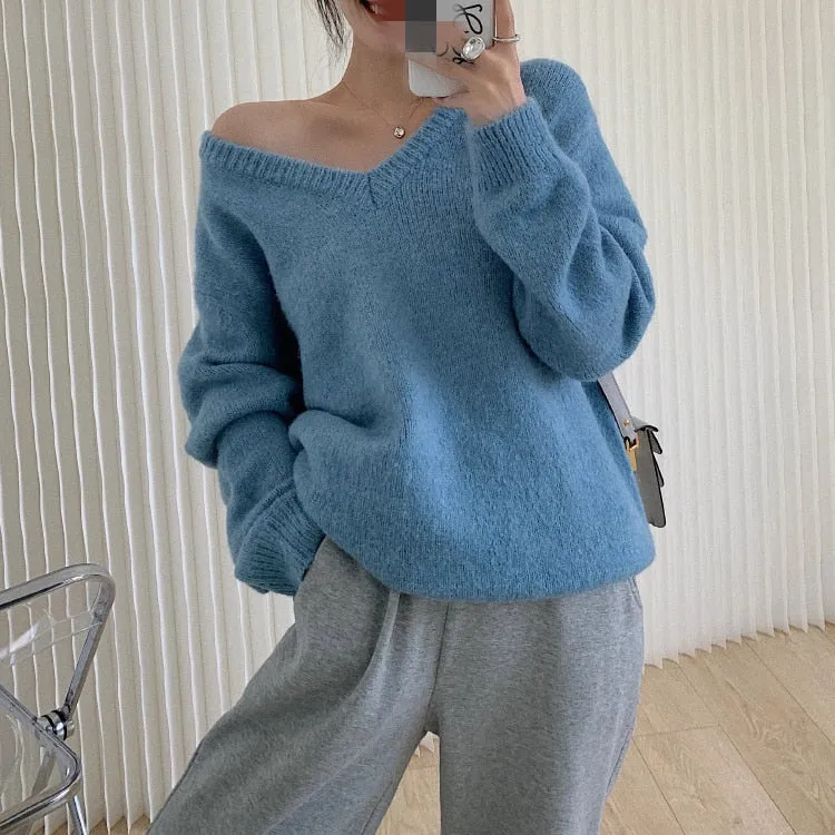 Joskaa Back to College Woman Sweaters Autumn Winter 2024 Korean New Pullovers Raglan Sleeve V Neck Knitted Tops Casual Loose Jumpers Gray Blue