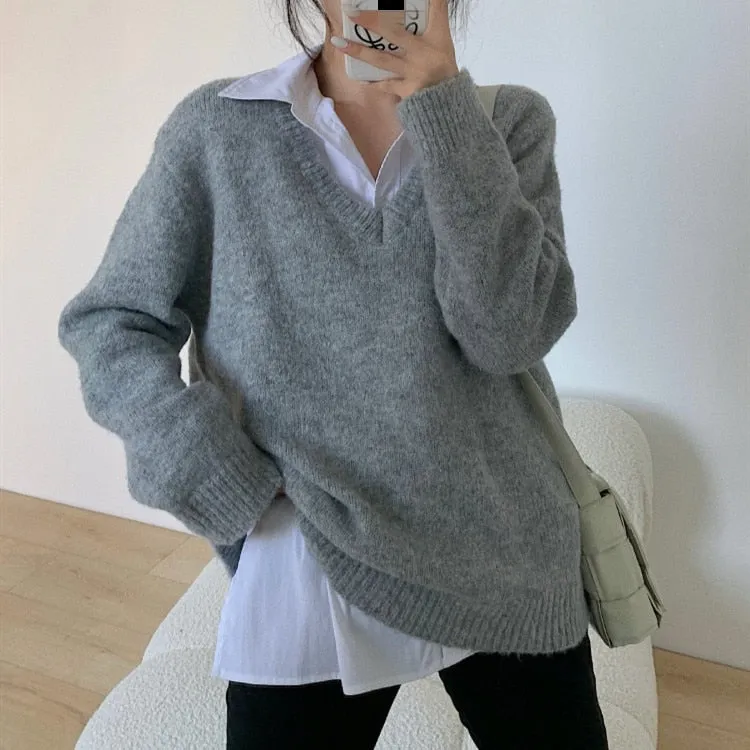 Joskaa Back to College Woman Sweaters Autumn Winter 2024 Korean New Pullovers Raglan Sleeve V Neck Knitted Tops Casual Loose Jumpers Gray Blue