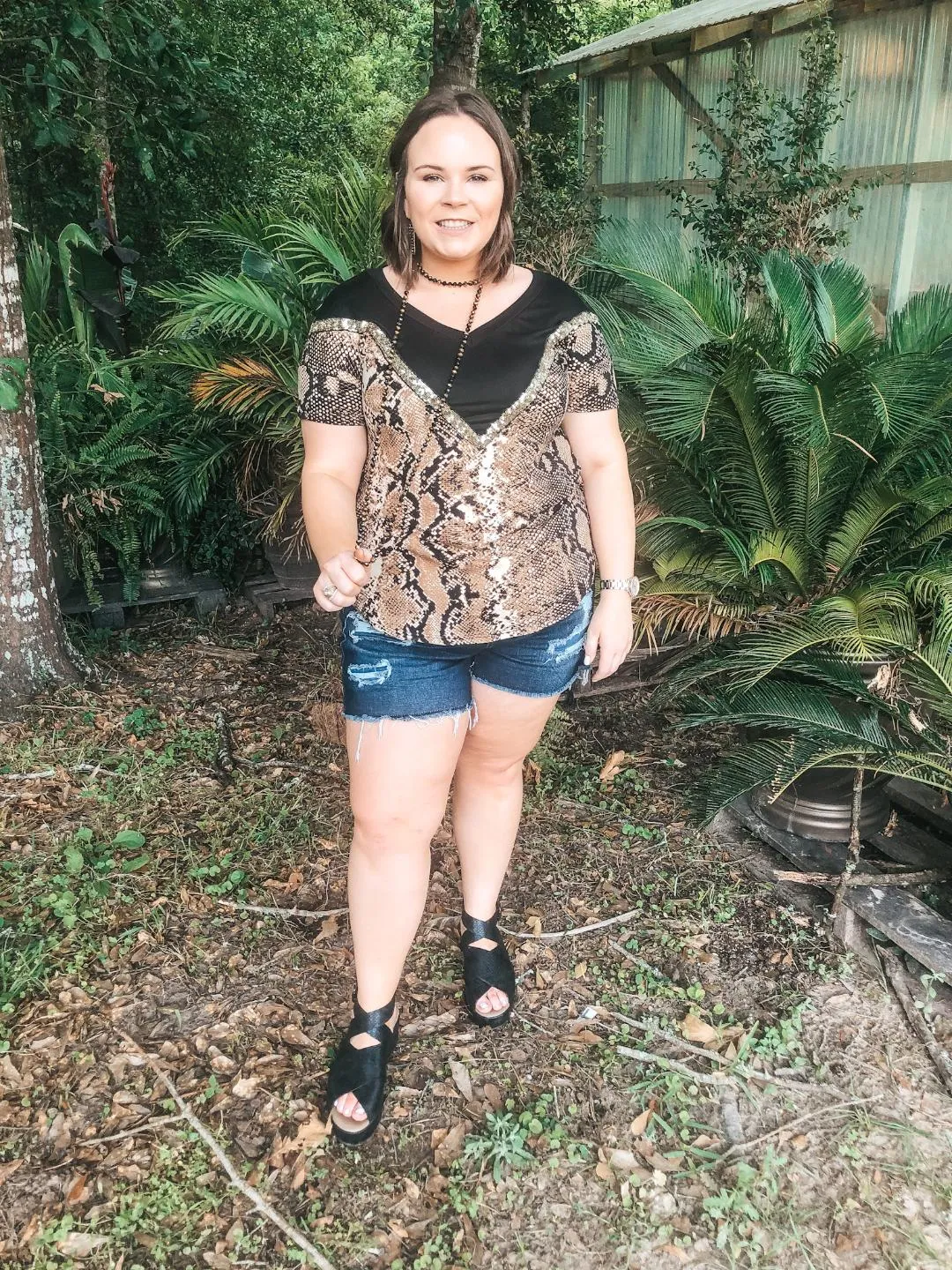 Last Chance Small, Med., & 2XL | Keeping The Vibe V Neck Tee with Sequin Detailing in Snakeskin and Black