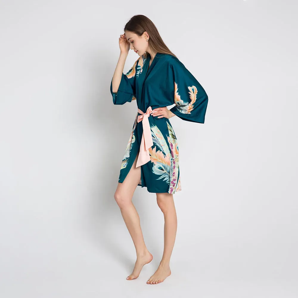 Peacock Feather Short Kimono Robe