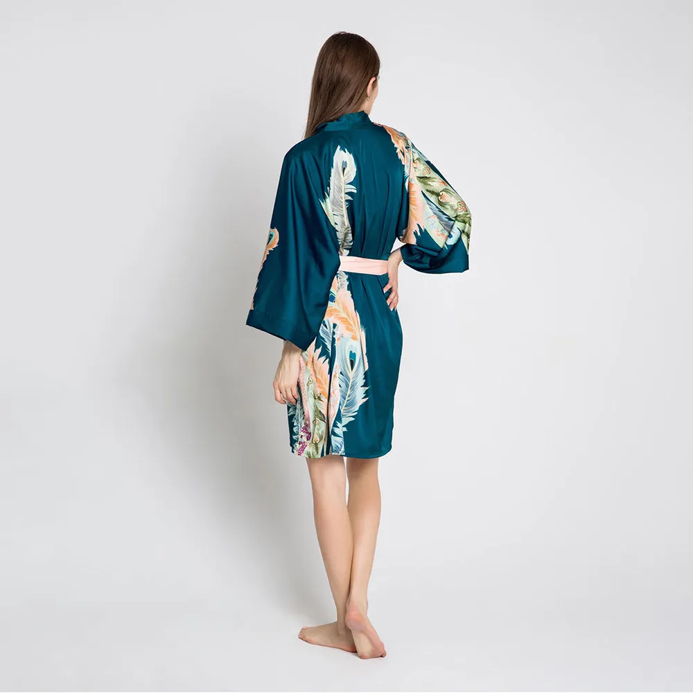 Peacock Feather Short Kimono Robe