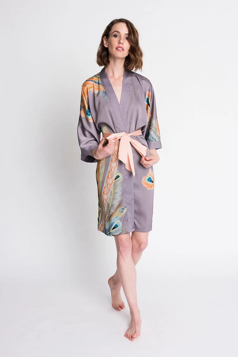 Peacock Feather Short Kimono Robe