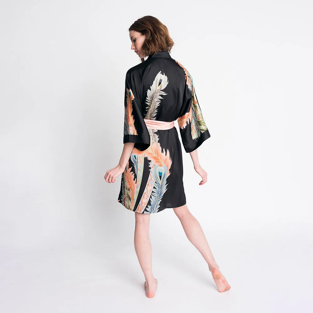 Peacock Feather Short Kimono Robe