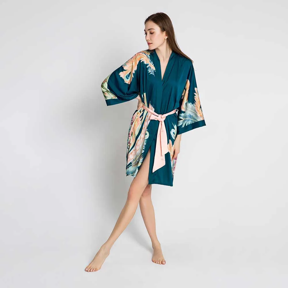 Peacock Feather Short Kimono Robe