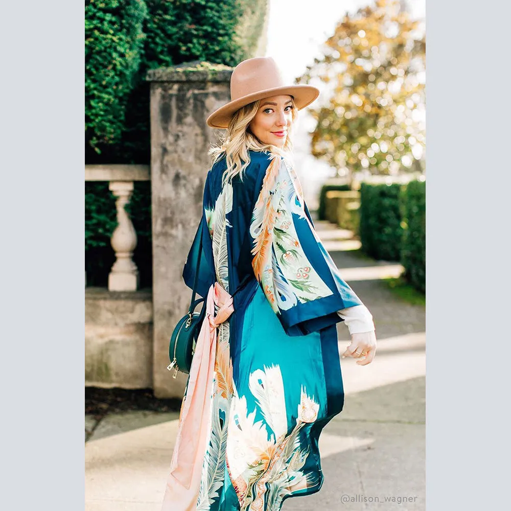 Peacock Feather Short Kimono Robe