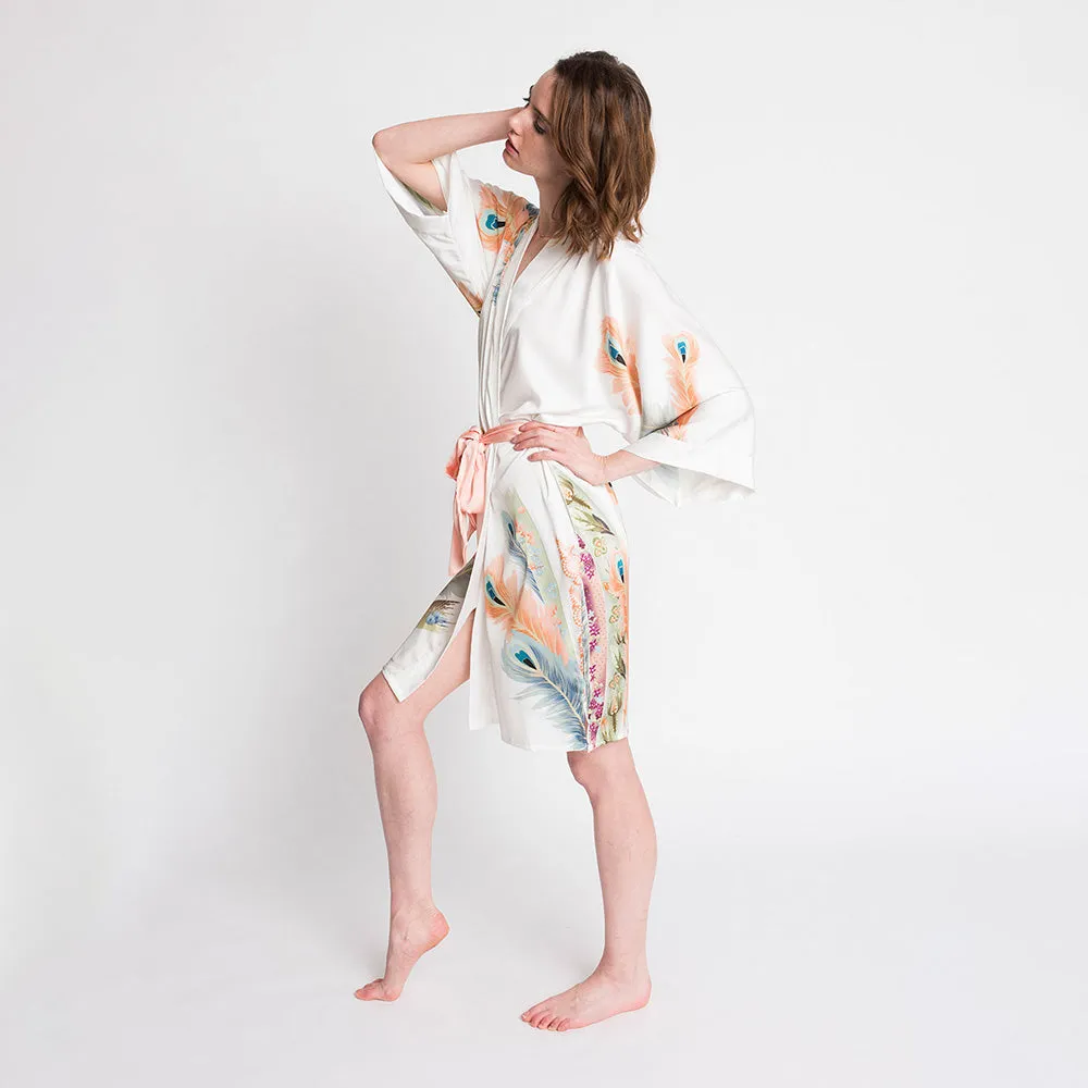 Peacock Feather Short Kimono Robe