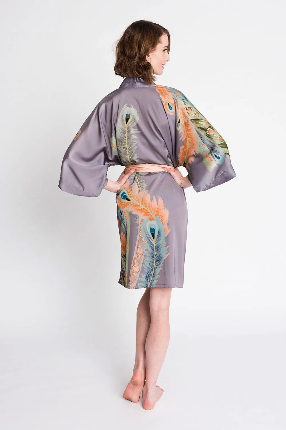 Peacock Feather Short Kimono Robe
