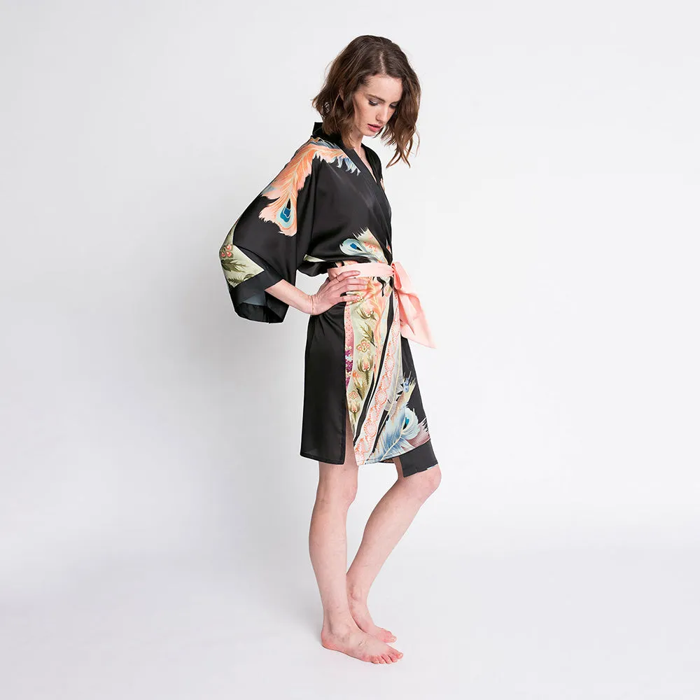 Peacock Feather Short Kimono Robe