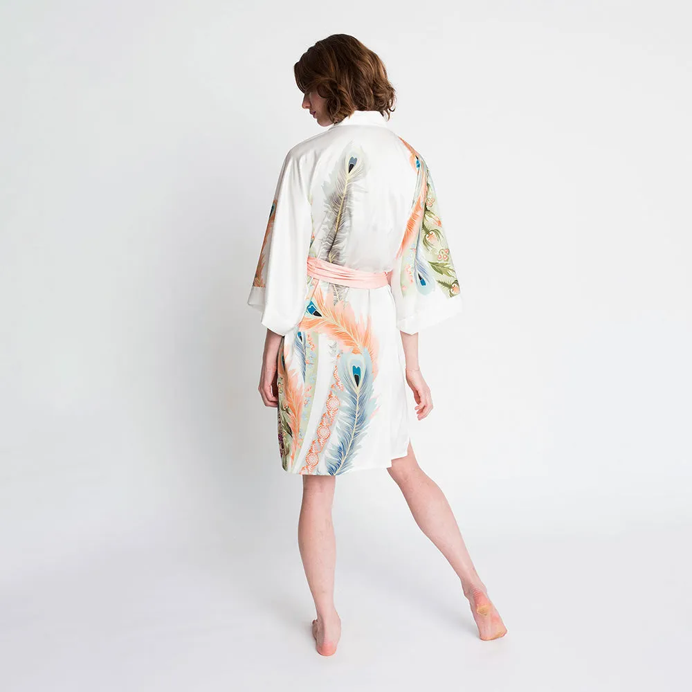 Peacock Feather Short Kimono Robe