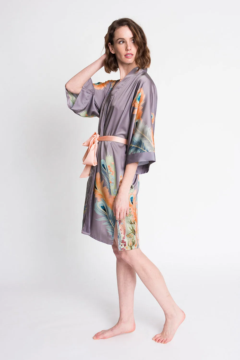 Peacock Feather Short Kimono Robe