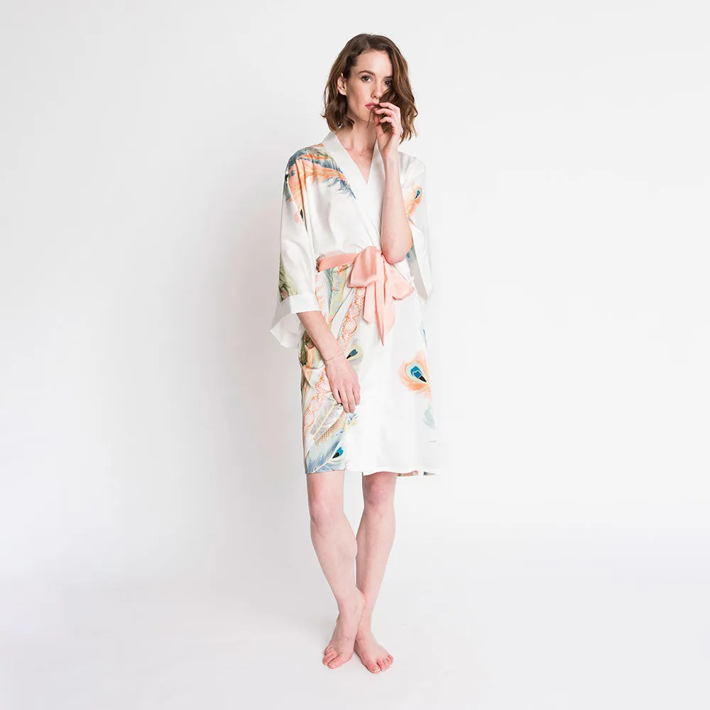 Peacock Feather Short Kimono Robe