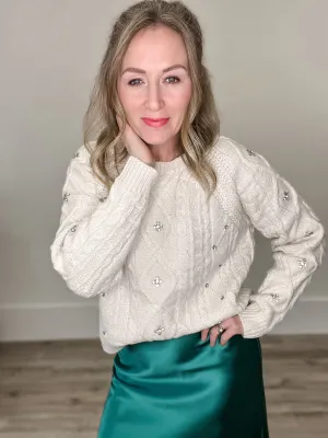 Rhinestone Cable Knit Sweater - Cream
