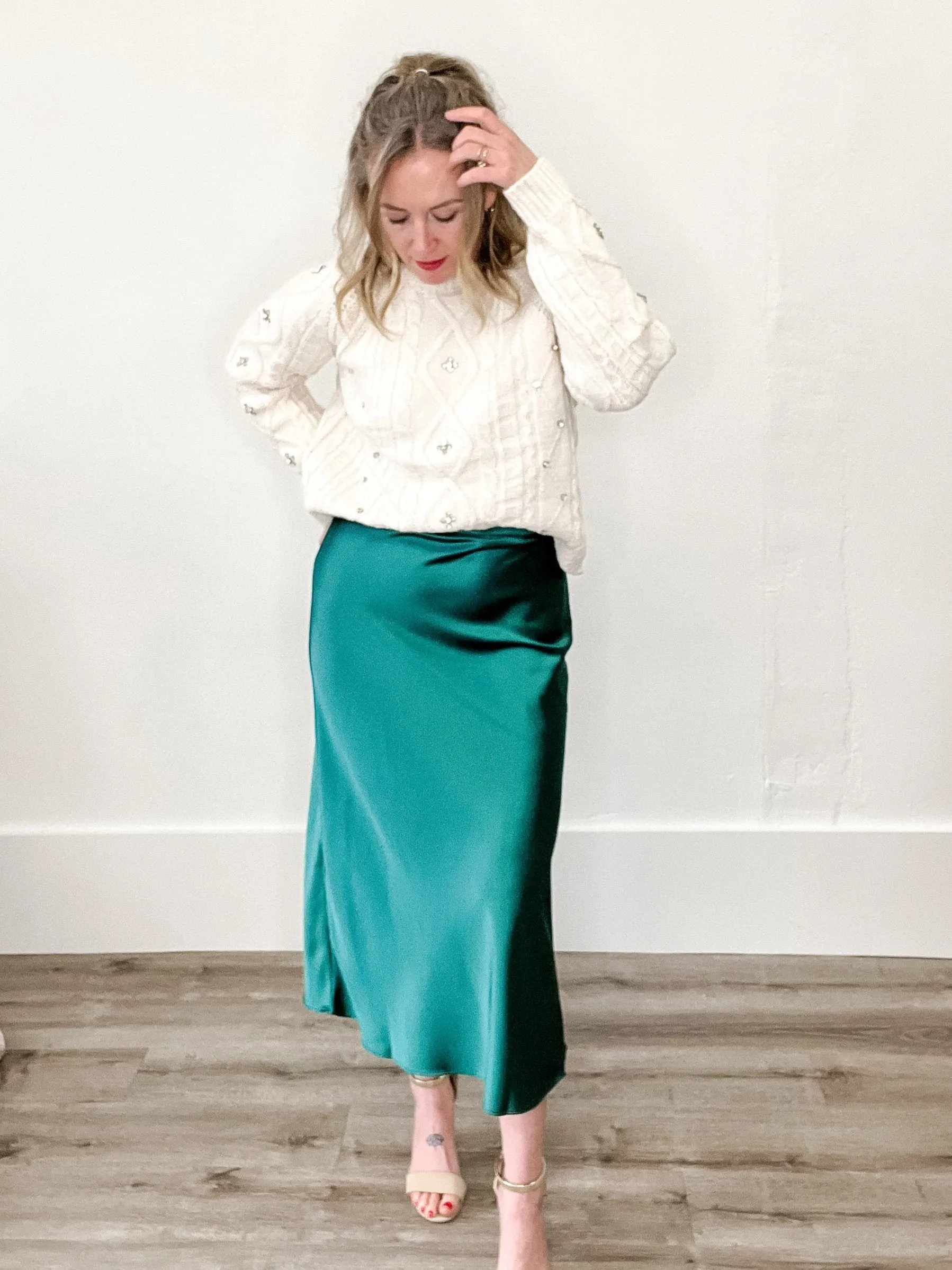 Rhinestone Cable Knit Sweater - Cream