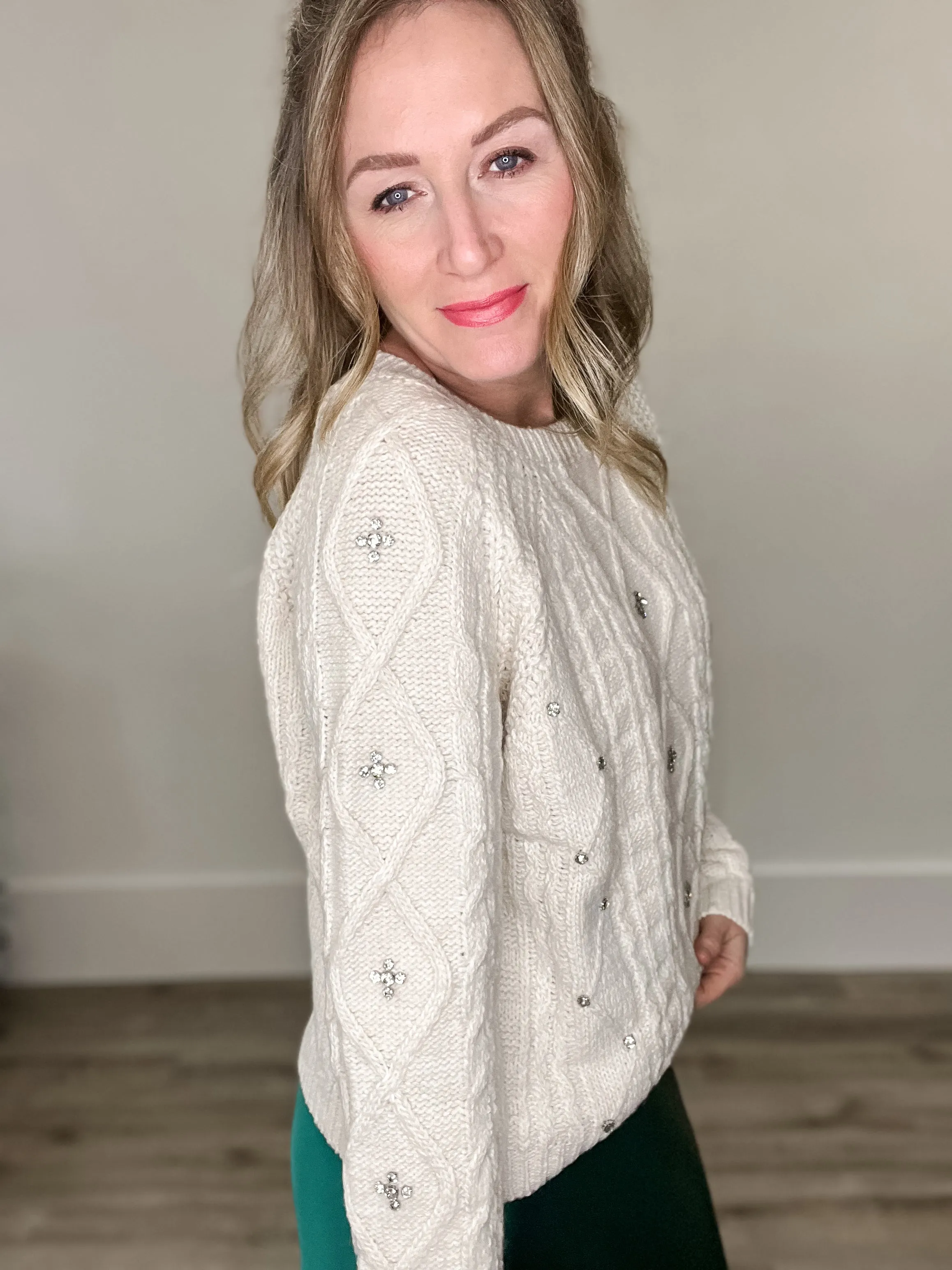 Rhinestone Cable Knit Sweater - Cream