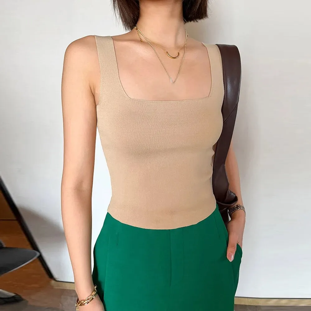 Sexy Tank Tops For Women Square Collar Sleeveless Solid Minimalist Knitting Vests Female Summer Clothing Style